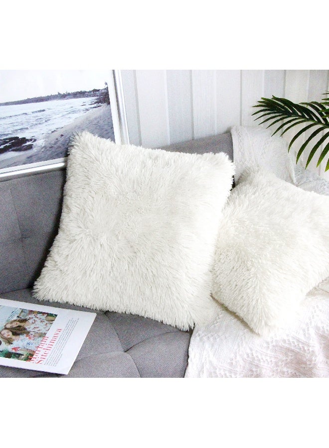 Uhomy 2 Packs Fluffy Accent Pillows Cover 18"x18", Soft Cream White Faux Fur Throw Pillow Case, Modern Luxury Decorative Square Cushion Cover for Farmhouse Home Decor for Sofa/Bed/Chair, 45x45cm - Image 1
